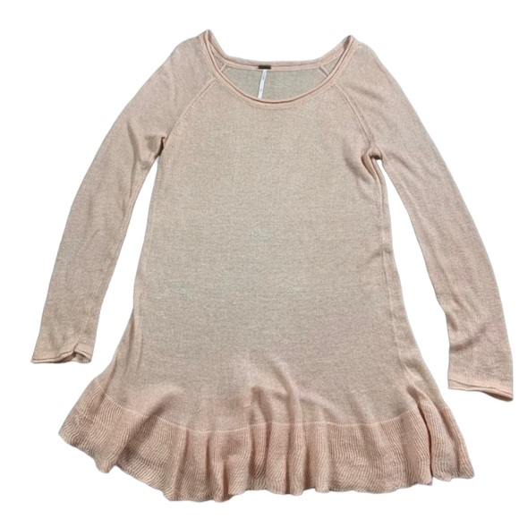 Free People Thin Knit Linen Blush Pink Tunic Sweater Ruffle Hem - Picture 1 of 9